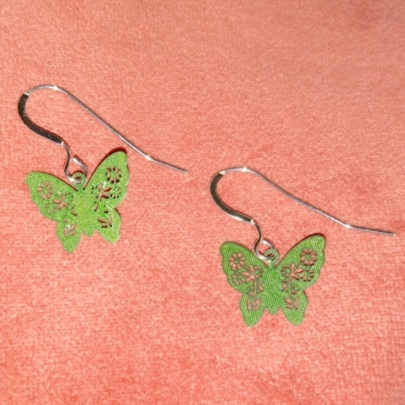 Solid 925 REAL Sterling Silver Ear Wire Green Butterflies Butterfly Earrings New - Picture 1 of 7